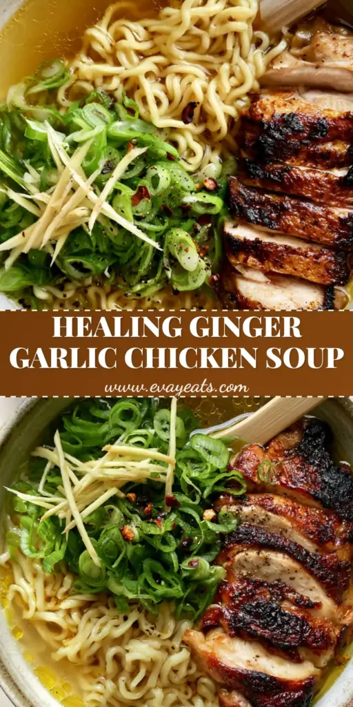 A top-down view of a stoneware bowl containing Ginger Garlic Chicken Noodle Soup with charred chicken slices, curly ramen, and ginger matchsticks.