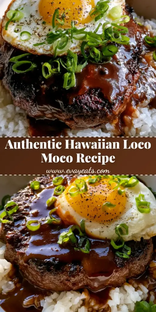 A close-up shot of a Hawaiian Loco Moco Recipe in a white bowl with a runny egg yolk and glossy brown gravy.