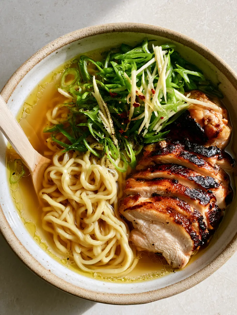 Close up of golden chicken broth with oil droplets and pale yellow curly ramen noodles for Ginger Garlic Chicken Noodle Soup.