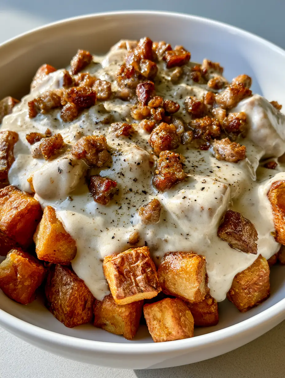 A deep white bowl filled with golden-brown fried potato cubes and smothered in a thick opaque white sausage gravy with black pepper. (Sausage Gravy Over Potatoes)