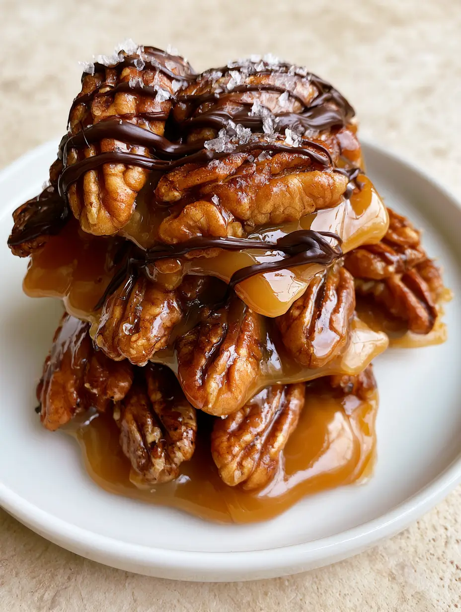 Close-up of Soft Caramel Pecan Clusters showing the thick pool of light amber caramel and whole pecans.