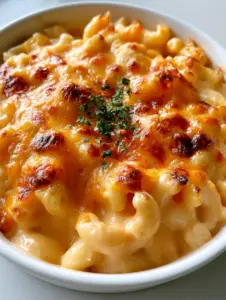 Detailed view of glossy pale orange cheddar cheese sauce coating elbow macaroni in a Baked Macaroni and Cheese recipe.