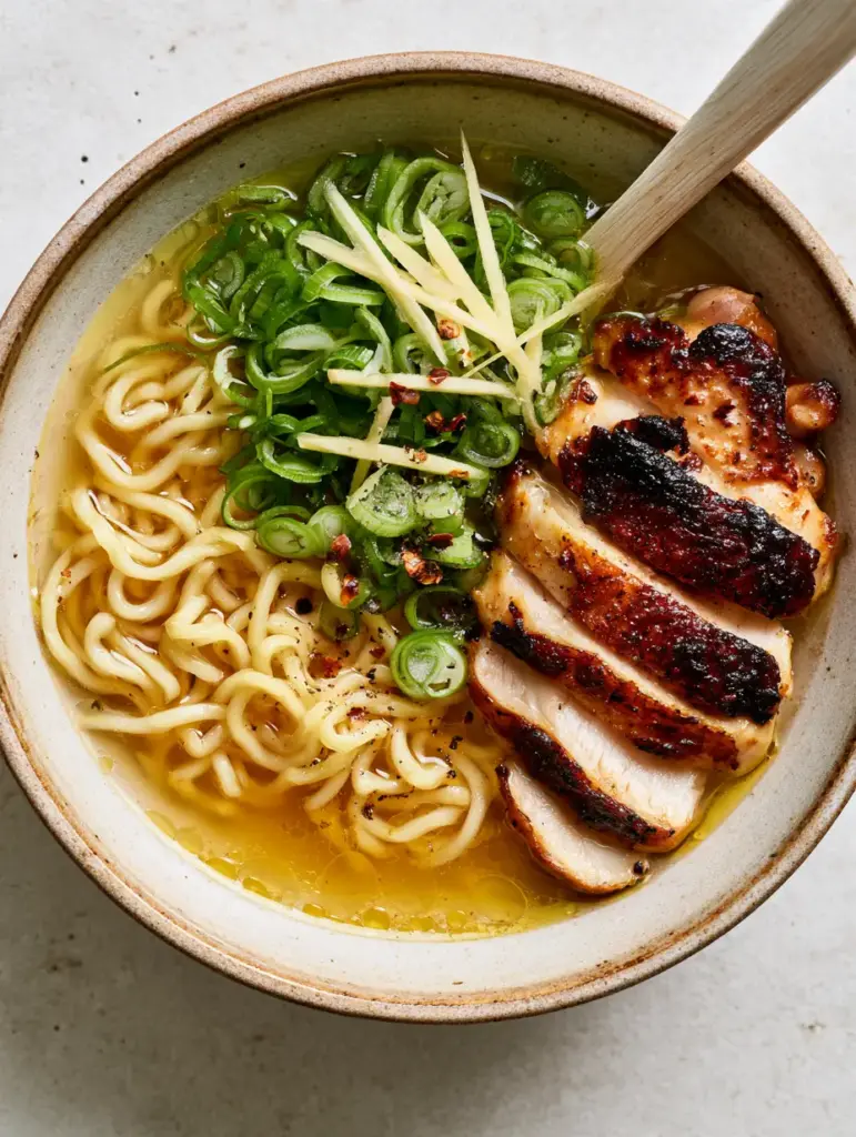 Pan-seared chicken thighs with dark charred edges layered over ramen noodles in a stoneware bowl.