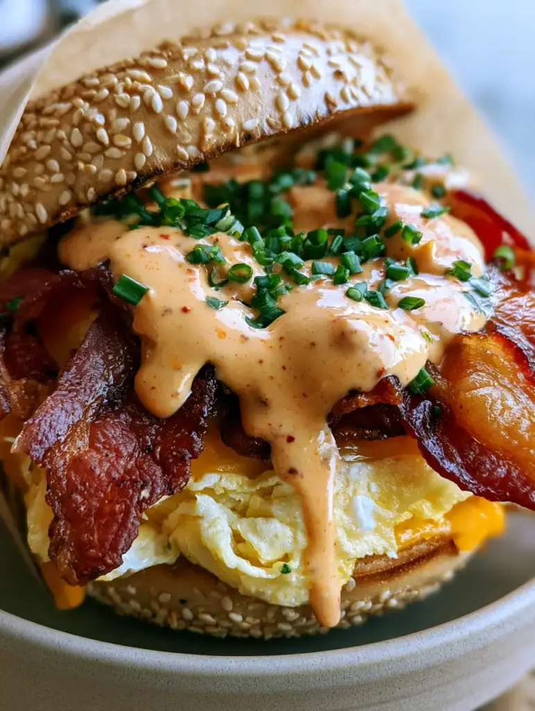 Chipotle Breakfast Bagel Sandwich: The Ultimate Gourmet Morning Recipe 1 High-angle close-up of the layers inside a Chipotle Breakfast Bagel Sandwich highlighting the folded eggs and crispy bacon.