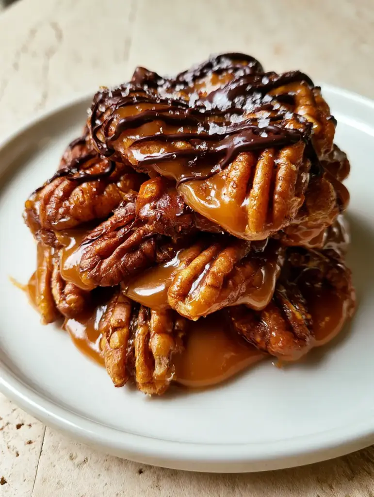 Rustic stack of Soft Caramel Pecan Clusters on a ceramic plate with dark chocolate zigzag drizzle.