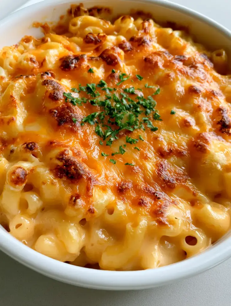 Baked Macaroni and Cheese with a Golden Bubbly Crust 1 Baked Macaroni and Cheese featuring charred golden-brown spots on a melted sharp cheddar crust with parsley garnish.
