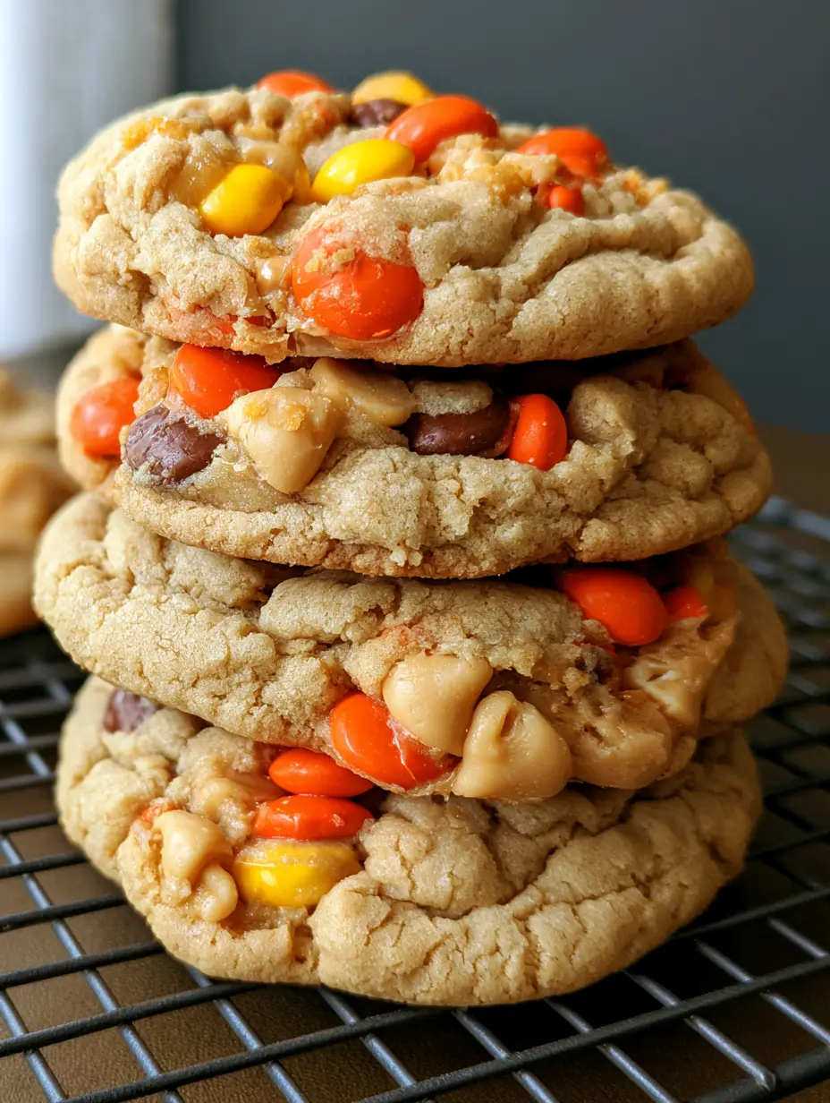 Thick peanut butter cookie dough baked into cookies with soft baked centers and whole Reese's Pieces candies on a dark metal rack.