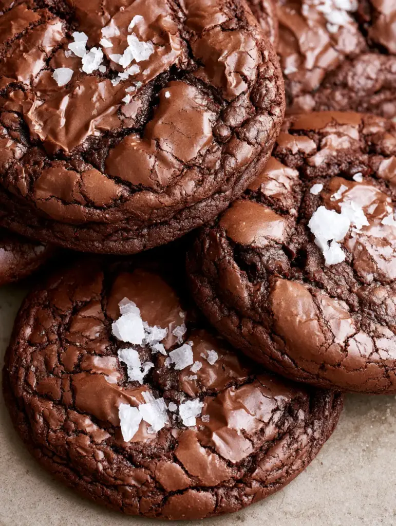 Thick round Brownie Cookies stacked on stone, garnished with distinct white sea salt flakes.