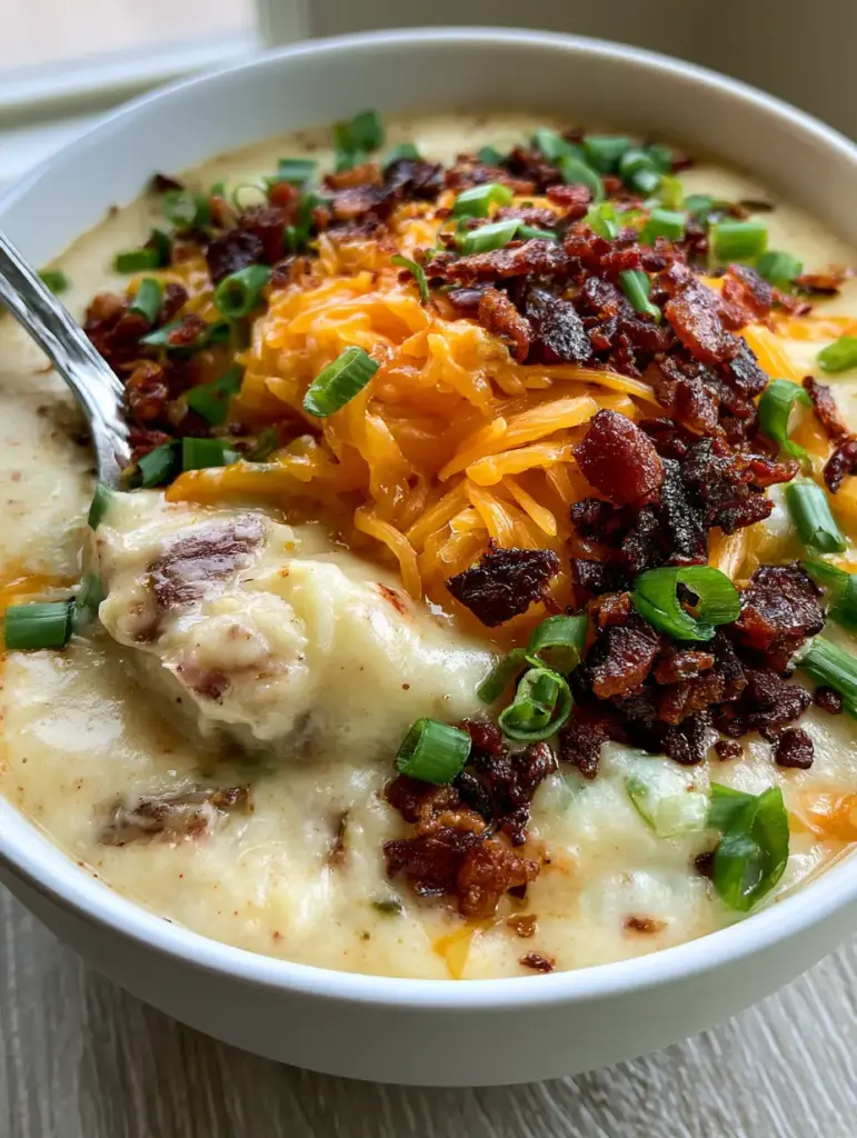 Side view of a spoonful of Crock Pot Crack Potato Soup showing crispy bacon and green scallions.
