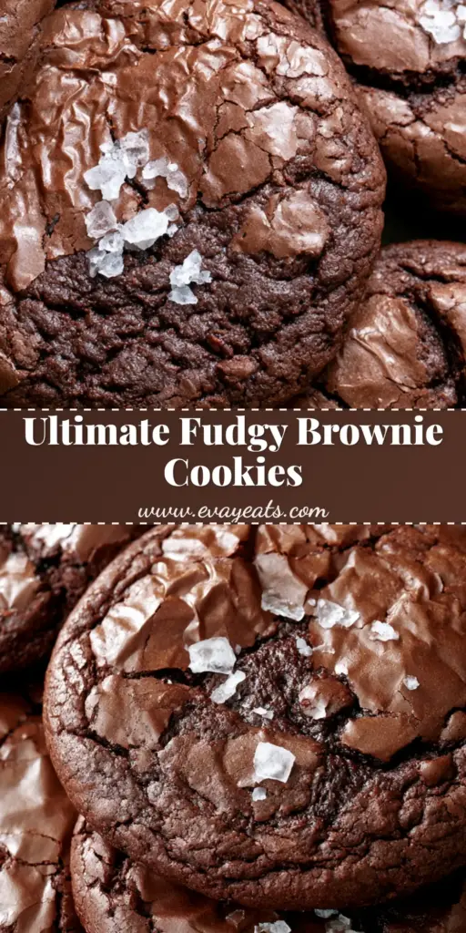 A stack of thick Brownie Cookies featuring a shiny crinkled top, deep mahogany chocolate color, and large white crystalline flakes of sea salt.