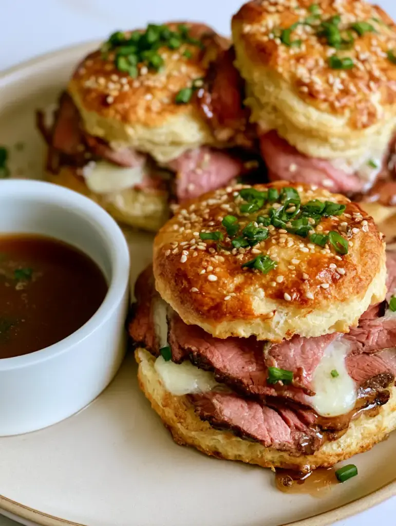 Golden brown baked biscuits topped with toasted sesame seeds and fresh scallions served with a dark brown savory au jus.