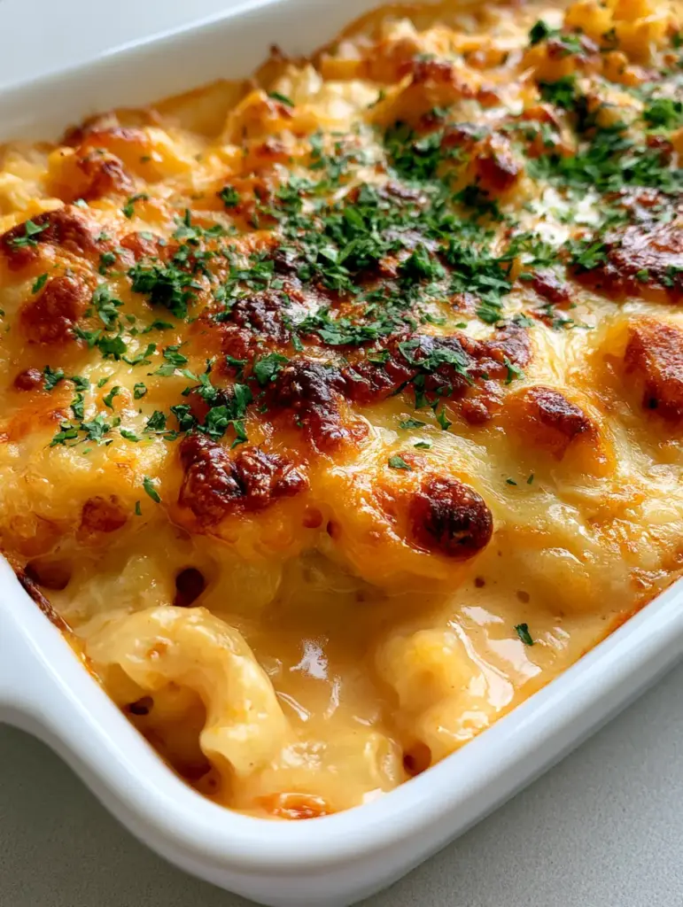 A smartphone photo of Baked Macaroni and Cheese in a rectangular white dish, highlighting the charred golden crust and green parsley.