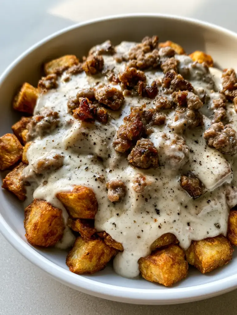 Close up of thick creamy country gravy with browned breakfast sausage crumbles over fried potatoes. (Sausage Gravy Over Potatoes)