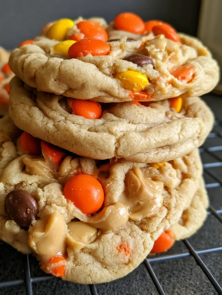 Close up of melted peanut butter chips and Reese's Pieces candies inside a thick peanut butter cookie.