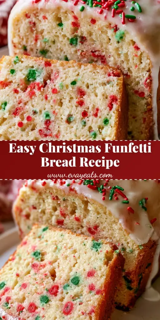 A sliced Christmas Funfetti Bread on a white plate with thick white icing and red and green sprinkles.