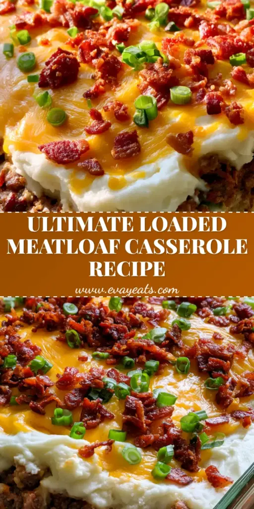 A clear glass dish filled with Loaded Meatloaf Casserole featuring layers of savory beef, creamy mashed potatoes, bubbling yellow cheddar cheese, crispy bacon, and green onions.