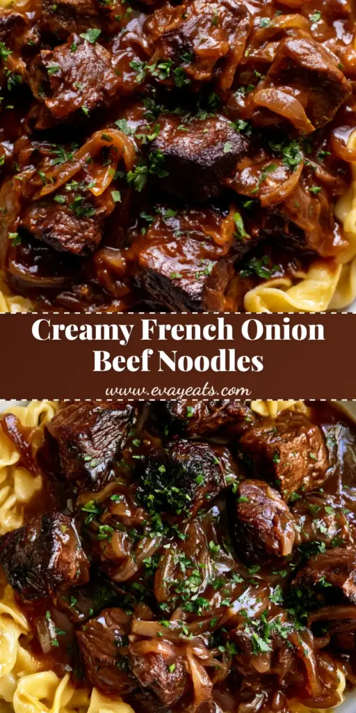 A rustic white bowl of French Onion Beef and Noodles featuring wavy egg noodles, seared beef tips, and a rich mahogany gravy topped with parsley.