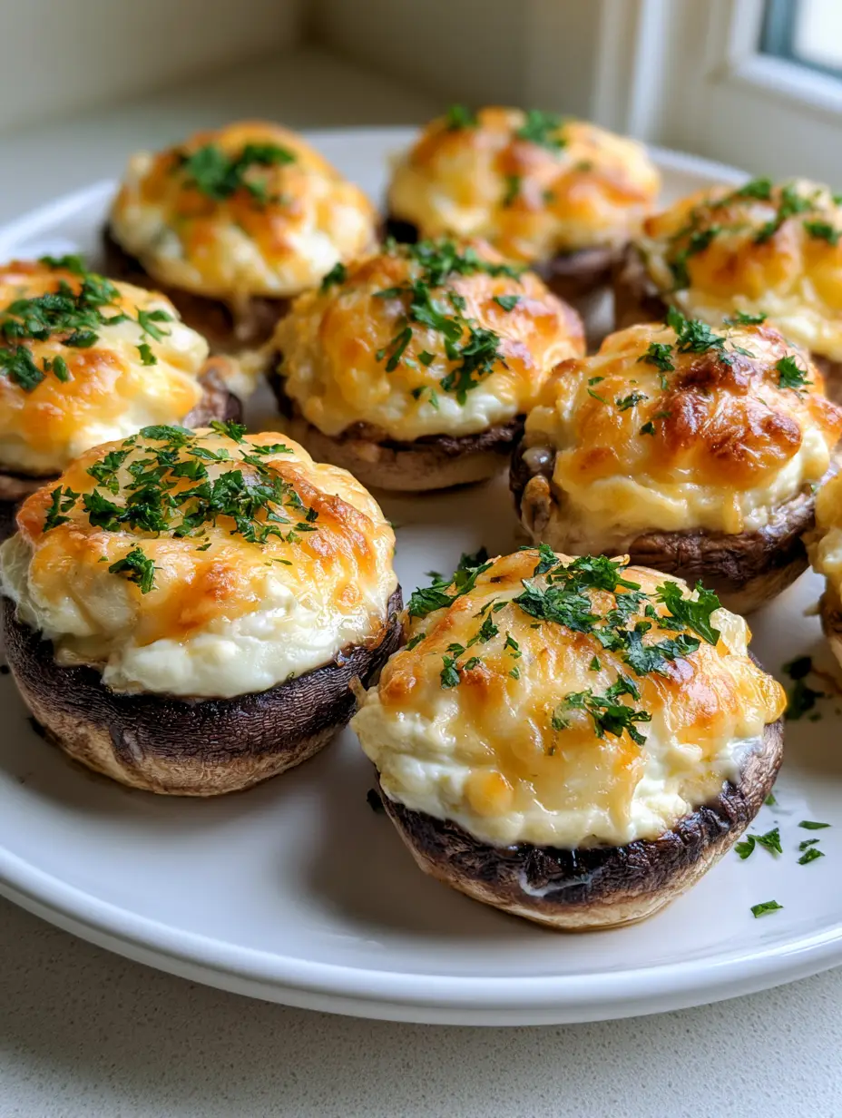 Handheld smartphone photo of juicy roasted white mushroom caps with velvety garlic cream cheese filling. (Cream Cheese Stuffed Mushrooms)