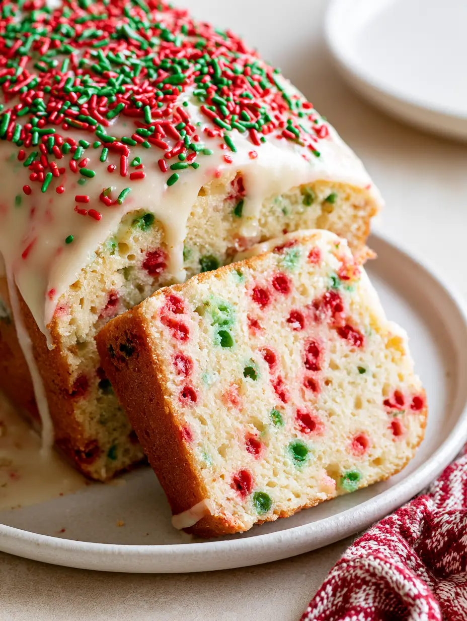 Close-up of a golden-brown Christmas Funfetti Bread loaf featuring a thick white sugar glaze and sprinkles. (Christmas Funfetti Bread)