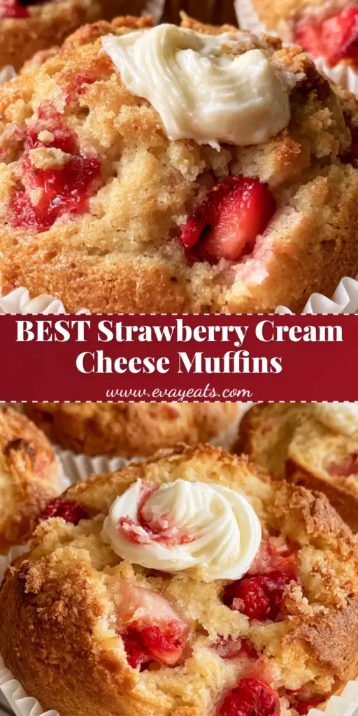 Strawberry Cream Cheese Muffins with a Bakery-Style Swirl 4 A tall Pinterest pin showing golden-brown Strawberry Cream Cheese Muffins with a visible white swirl and red strawberry chunks in white liners.