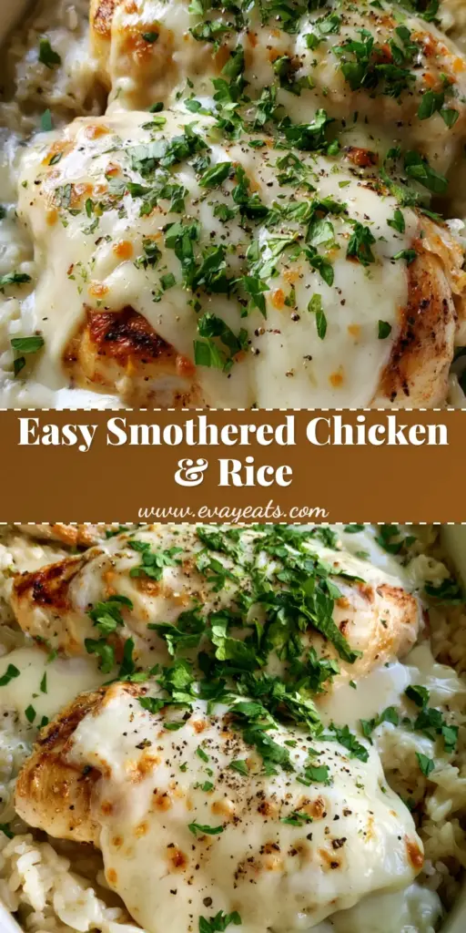 A close-up shot of Smothered Chicken and Rice Casserole featuring seared chicken breasts, white gravy, and melted cheese in a white dish.