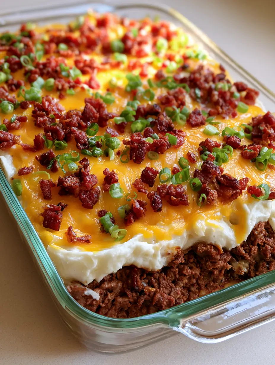 Close up photo of Loaded Meatloaf Casserole showing the distinct layers of beef and fluffy white mashed potatoes under melted cheddar.
