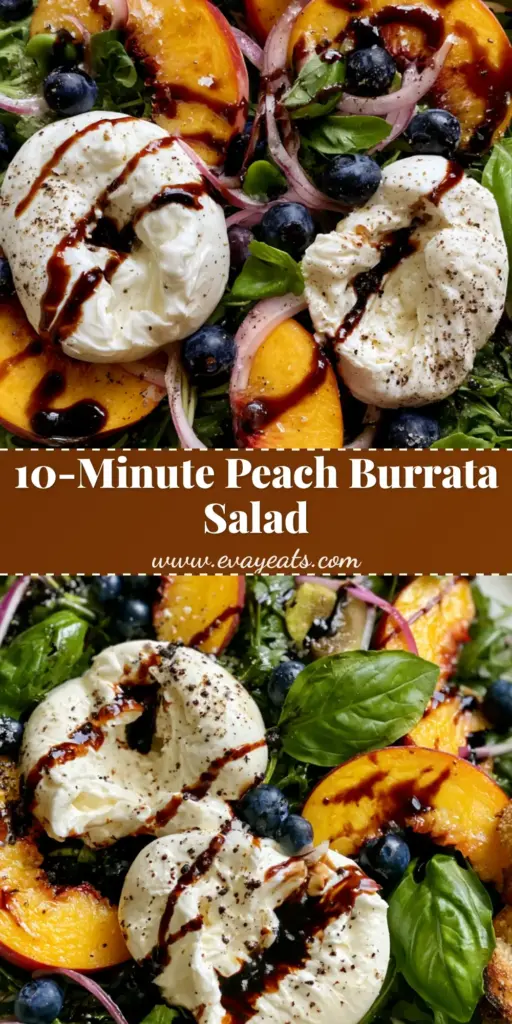 Peach Burrata Salad with Balsamic Glaze 4 A close-up vertical shot of a Peach Burrata Salad featuring torn creamy cheese, sliced yellow peaches, and fresh basil leaves, drizzled with balsamic glaze.