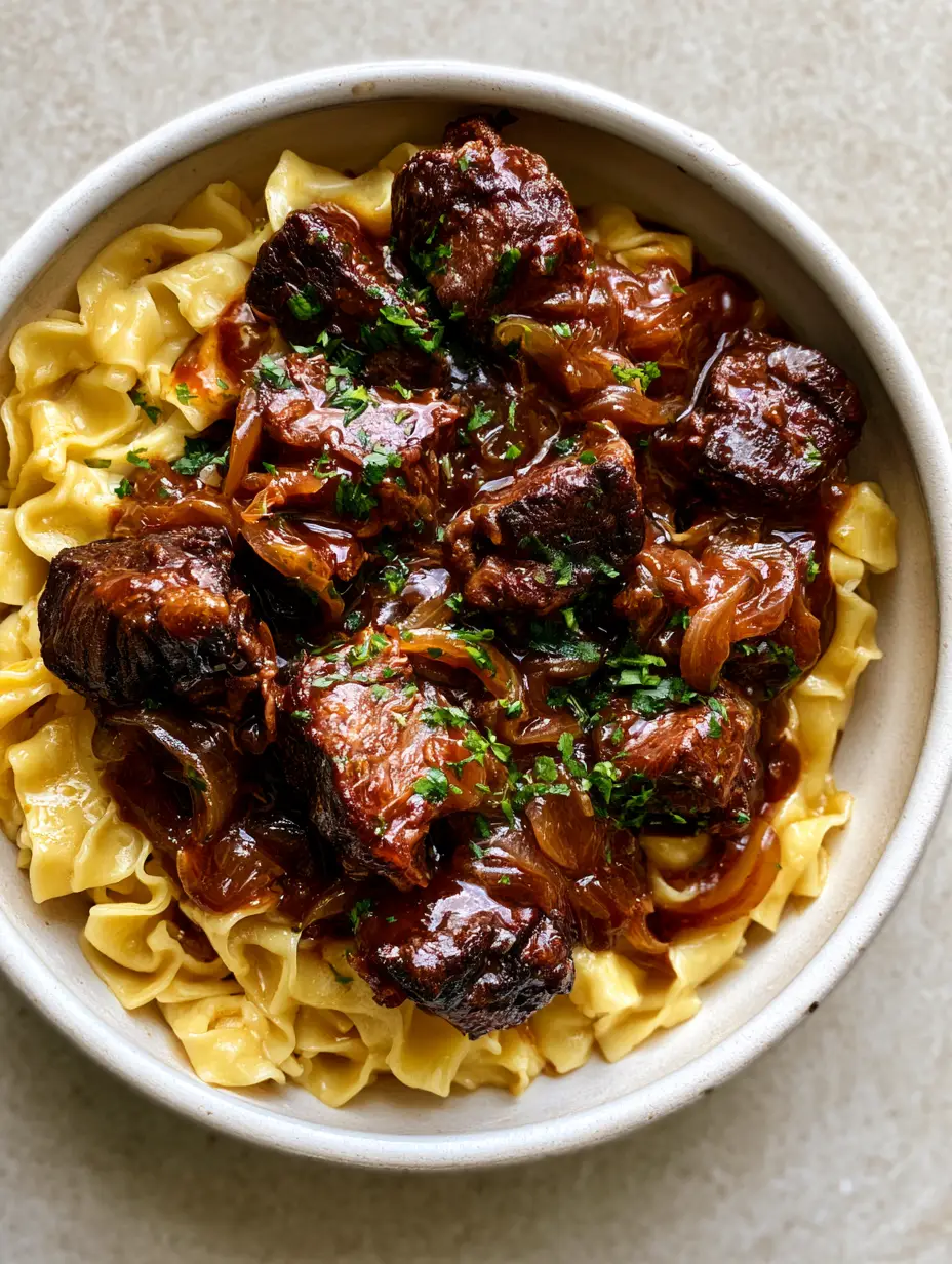 Top-down close-up of seared beef tips and mahogany gravy over buttery egg noodles for French Onion Beef and Noodles.