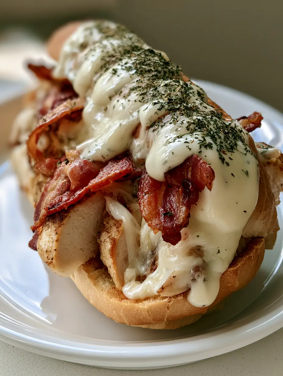 Close up of a Chicken Bacon Ranch Sandwich showing the layers of pan-seared chicken and thick melted mozzarella.