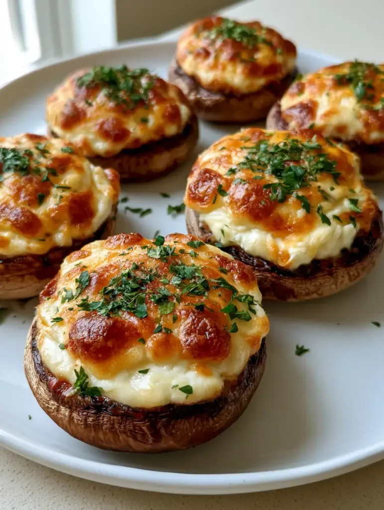 Side view of stuffed mushrooms on a white ceramic plate showing the dark brown roasted exterior and green parsley flakes.