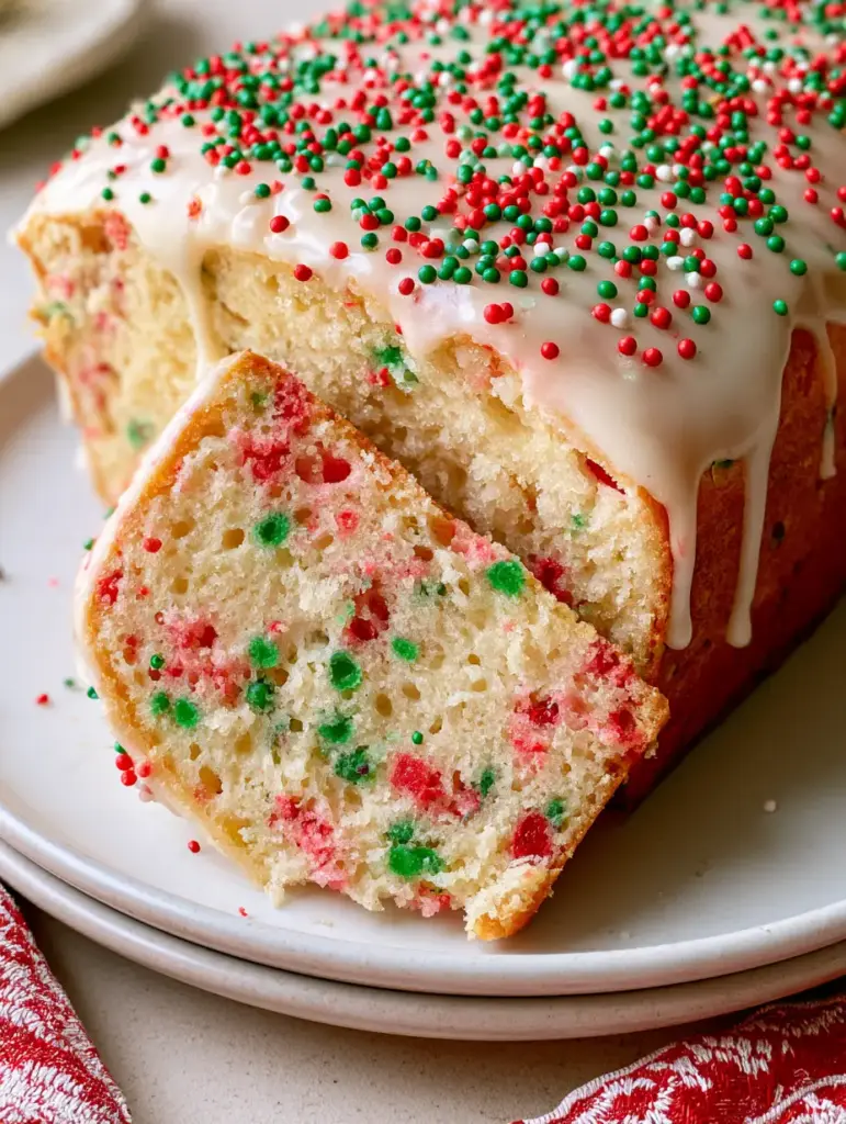 A slice of Christmas Funfetti Bread leaning against the loaf showing the moist cake-like interior specked with sprinkles.
