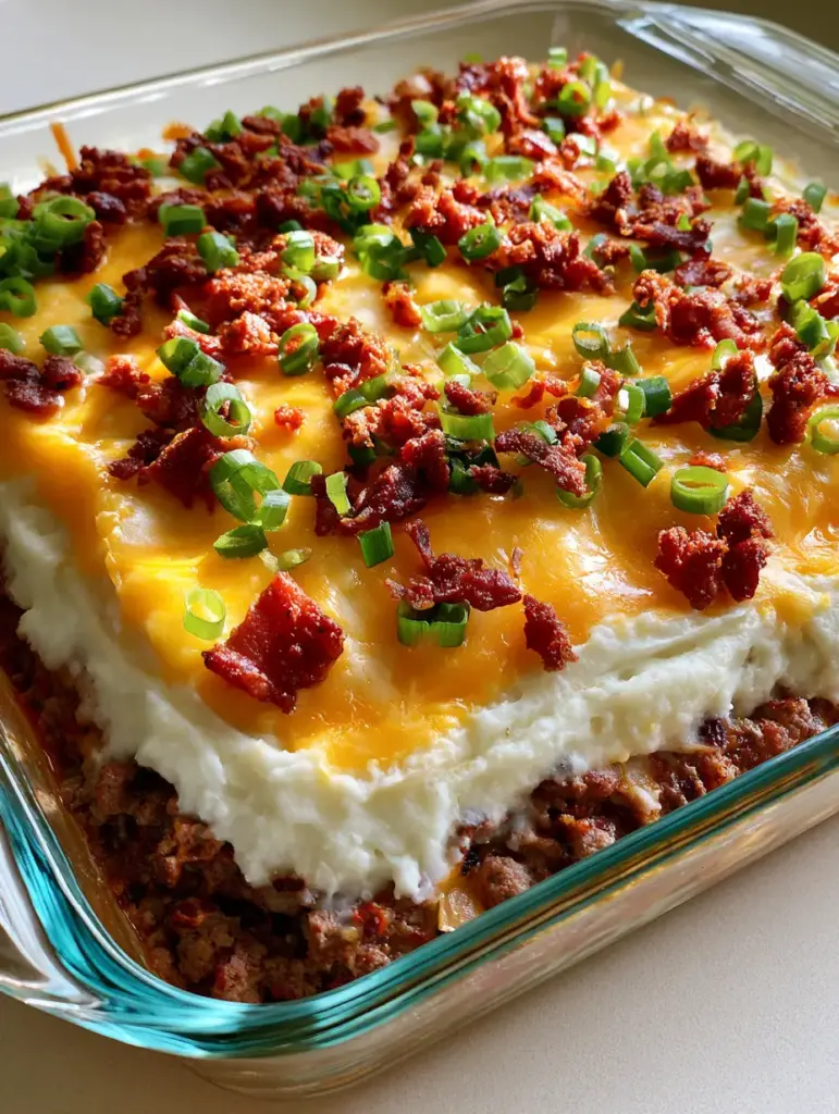 Overhead smartphone photo of Loaded Meatloaf Casserole garnished with reddish-brown bacon and green scallions.