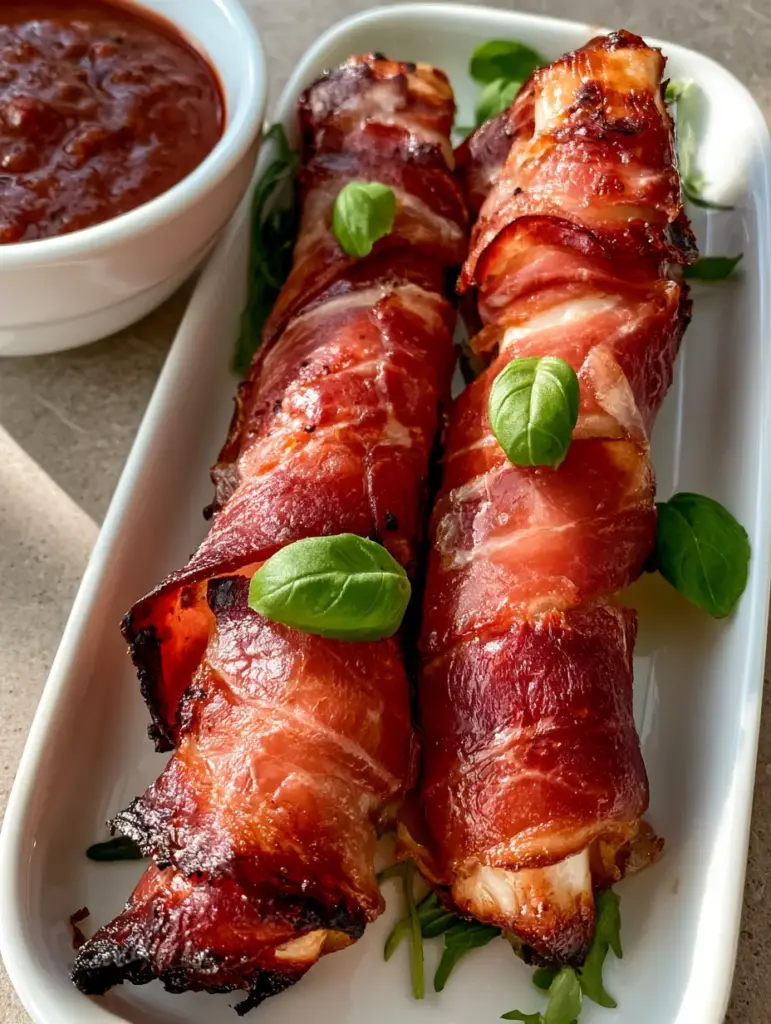 Prosciutto Wrapped Mozzarella with Crispy Charred Edges 2 A close up of handheld Prosciutto Wrapped Mozzarella sticks with melted cheese and dark crispy edges.