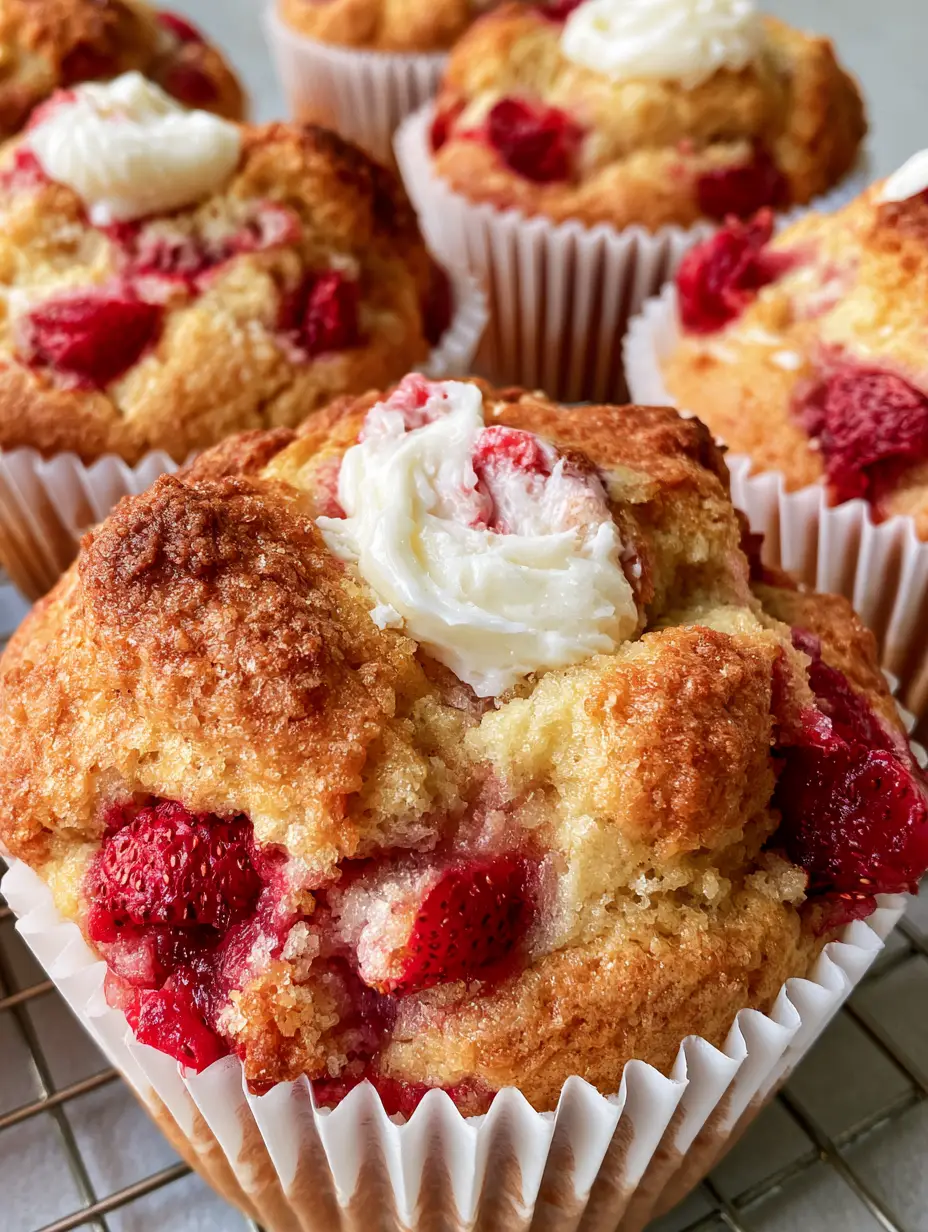 Strawberry Cream Cheese Muffins with a Bakery-Style Swirl 3 Close-up of golden-brown Strawberry Cream Cheese Muffins in white pleated paper liners showing craggy crust and cream cheese dollop.