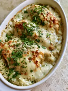 High-angle view of Smothered Chicken and Rice Casserole with bubbly melted white cheese and golden seared chicken.