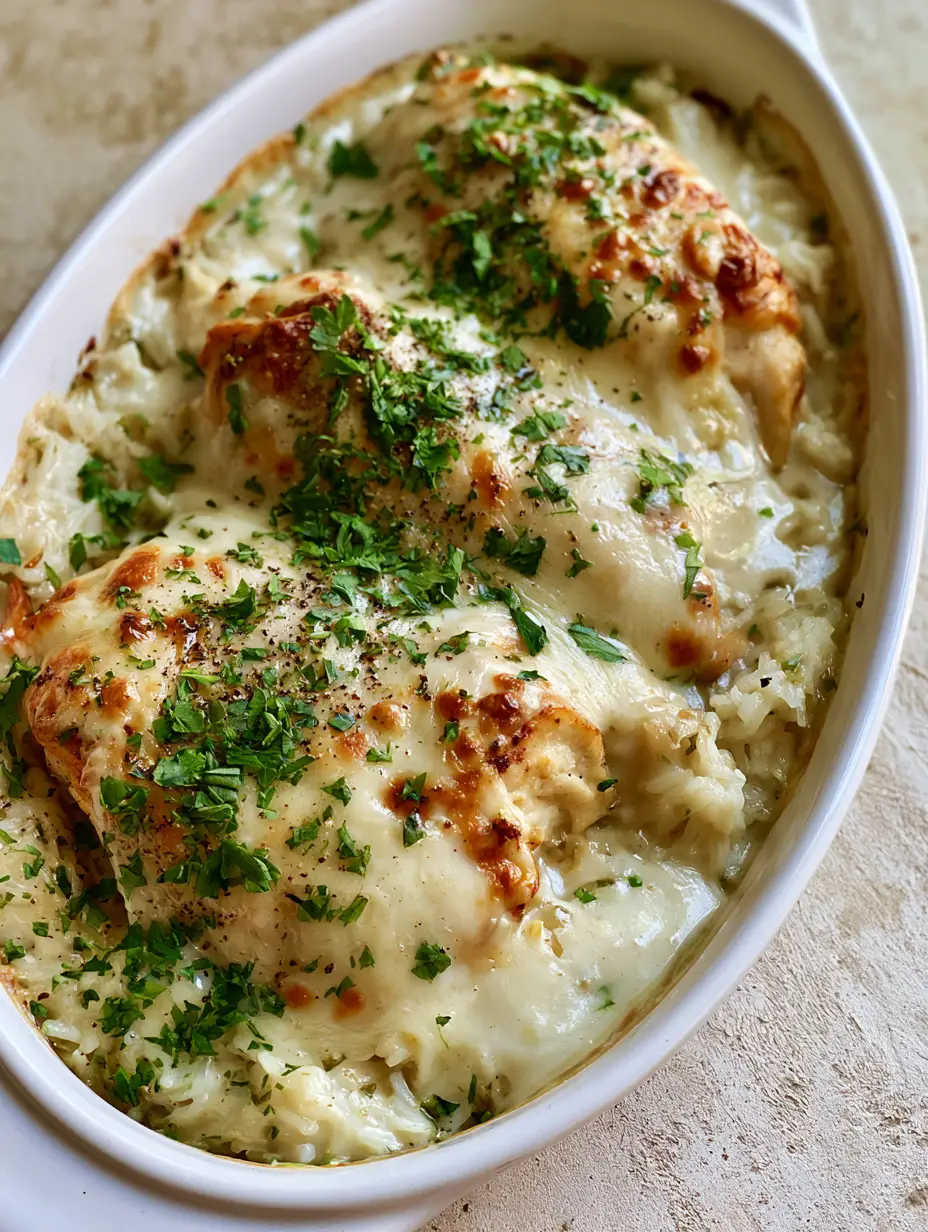 High-angle view of Smothered Chicken and Rice Casserole with bubbly melted white cheese and golden seared chicken.