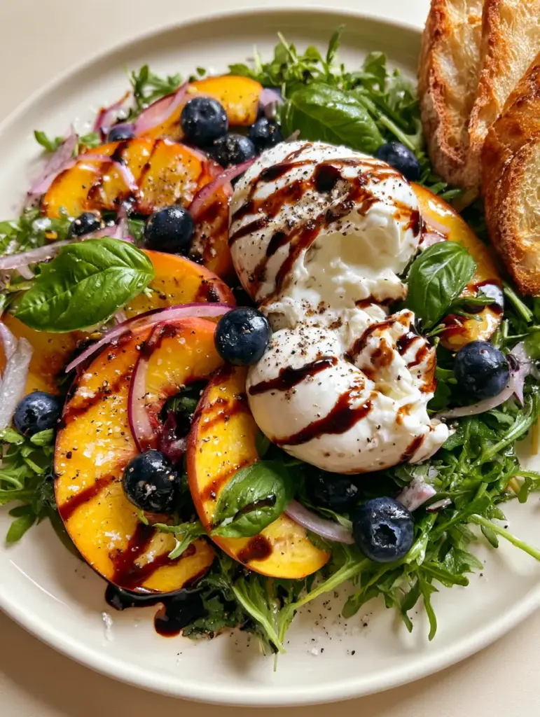 Peach Burrata Salad with Balsamic Glaze 2 A handheld smartphone photo of a summer Peach Burrata Salad on a white plate with fresh baby arugula and toasted baguette slices.