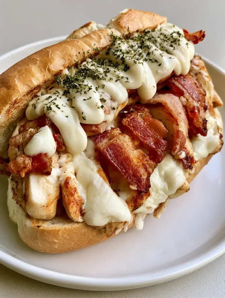 A Chicken Bacon Ranch Sandwich on a white plate with visible ranch dressing and dried parsley flakes.