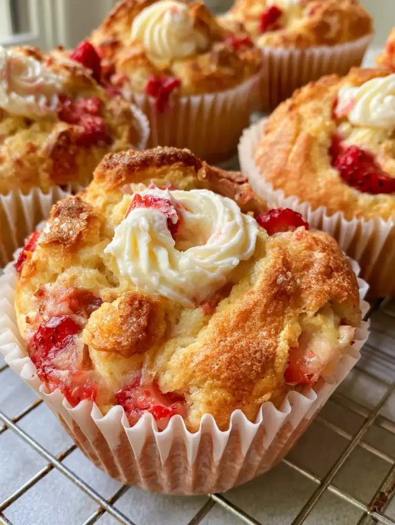 Strawberry Cream Cheese Muffins with a Bakery-Style Swirl 1 Strawberry Cream Cheese Muffins cooling on a wire rack, showing textured tops and bright red strawberry chunks.