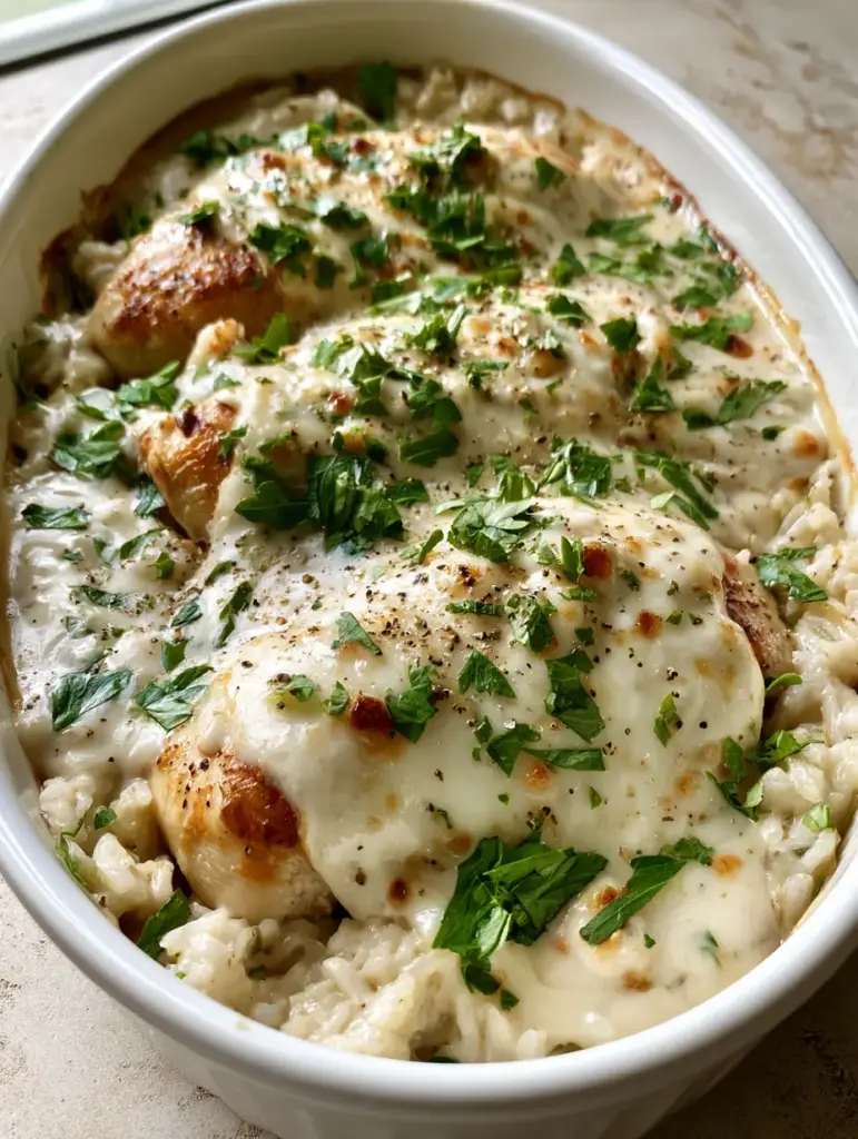 Detailed shot of fluffy white rice smothered in opaque cream gravy and melted cheese garnish with parsley.