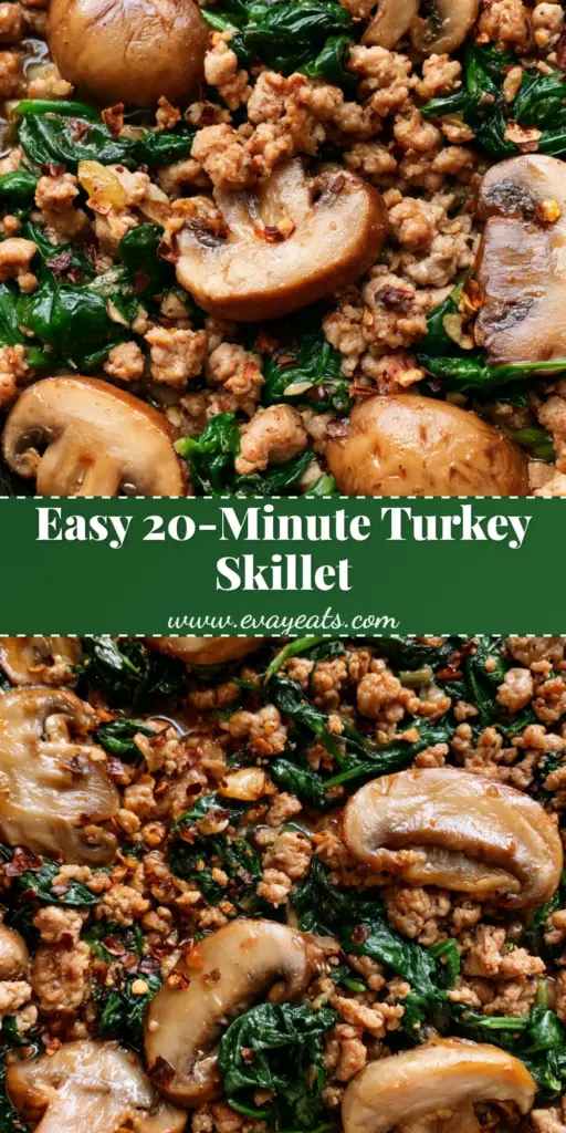 A savory Ground Turkey Skillet with browned crumbles, tender cremini mushrooms, and wilted spinach in a cast iron pan.