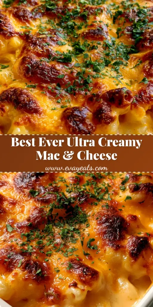 A top-down view of Baked Macaroni and Cheese in a white ceramic dish with a bubbly, toasted golden-brown cheese crust and fresh parsley flakes.