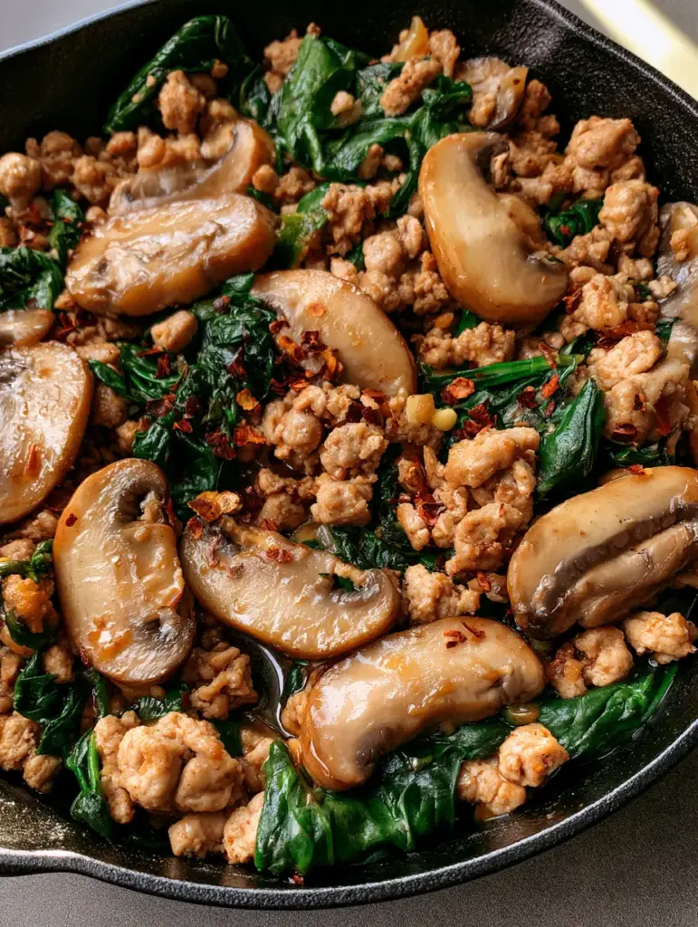Close up shot of Ground Turkey Skillet with large cremini mushroom slices and browned turkey crumbles.