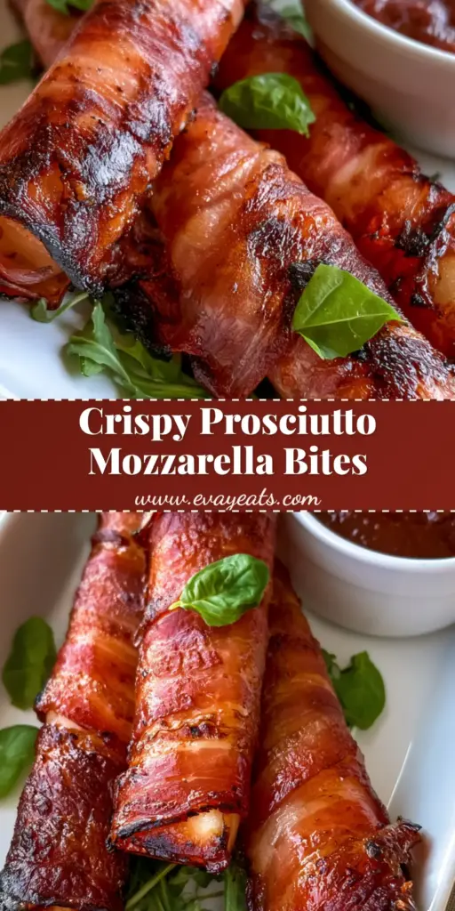 Prosciutto Wrapped Mozzarella with Crispy Charred Edges 4 Three crispy Prosciutto Wrapped Mozzarella sticks with charred edges served vertically with marinara sauce and basil.