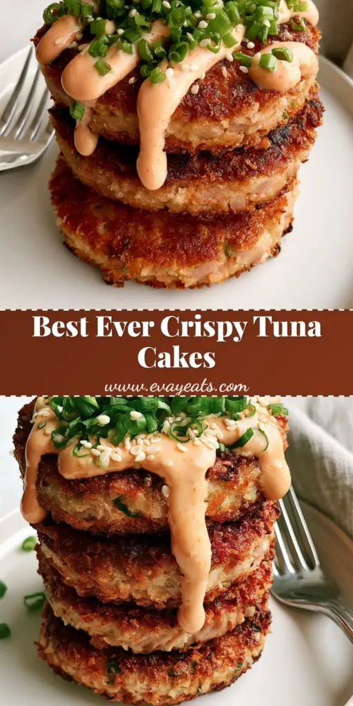 Crispy Asian Tuna Cakes with Sriracha Mayo Drizzle 4 A stack of three thick circular Crispy Asian Tuna Cakes with a golden brown panko crust, sriracha mayo drizzle, and green onion garnish on a white plate.