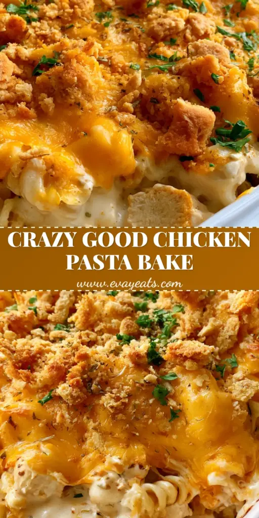 A bubbling Chicken Pasta Casserole in a white dish topped with golden-yellow melted cheddar and crunchy cracker crumbs.