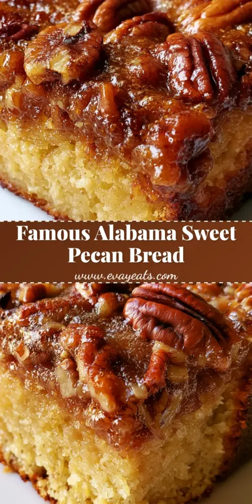 A square slice of Alabama Pecan Bread with a glossy caramelized brown sugar glaze and toasted whole pecans on a white plate.