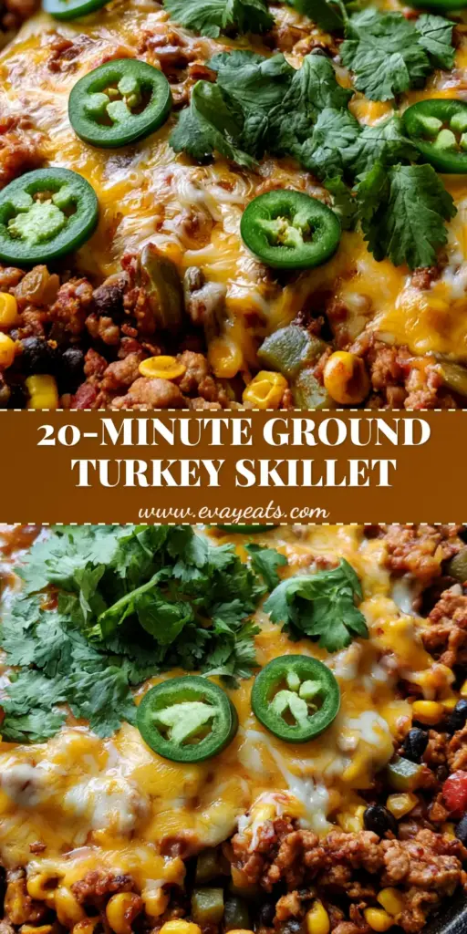 Ground Turkey Taco Skillet: The Ultimate 30-Minute One-Pan Cheesy Dinner 4 A seasoned cast iron skillet filled with a vibrant Ground Turkey Taco Skillet, topped with bubbling melted cheese, fresh jalapeños, and cilantro.