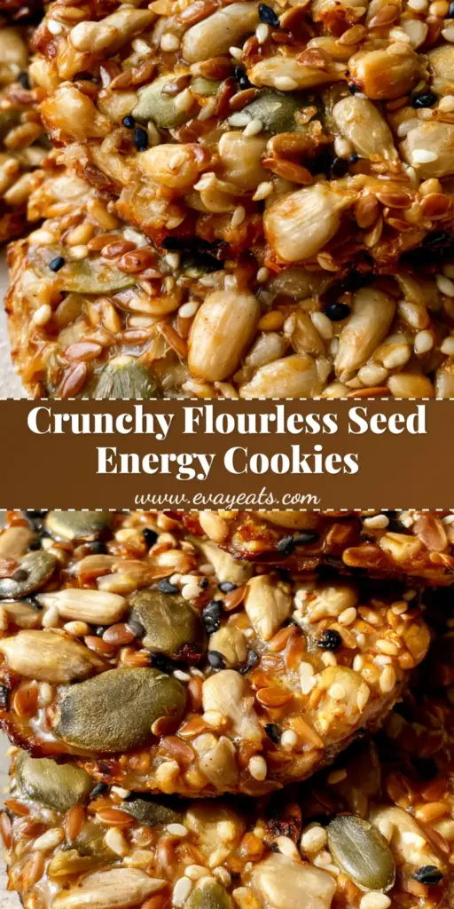 A stack of golden-brown Healthy Seed Energy Cookies featuring a dense assembly of toasted pumpkin, sunflower, and sesame seeds.