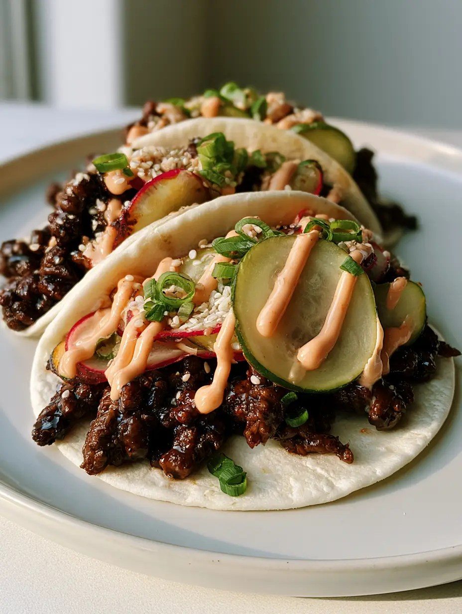 Close up of Korean Ground Beef Tacos showing glossy dark soy glaze and orange spicy mayo. (Korean Ground Beef Tacos)